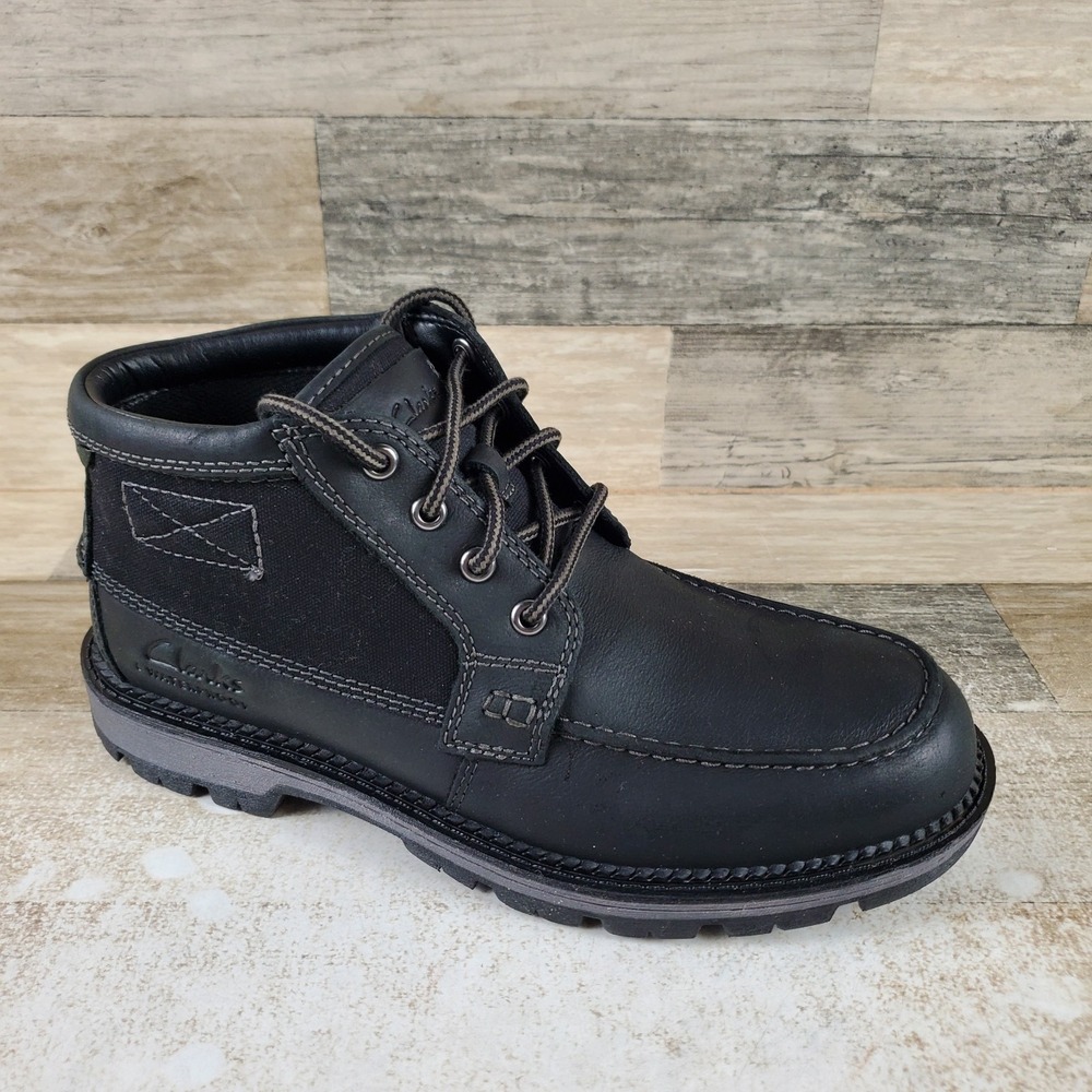 Clarks Maplewalk Mens Ankle Boots Sz 8 Black Leather Moc Toe Lace Up Chunky Lug